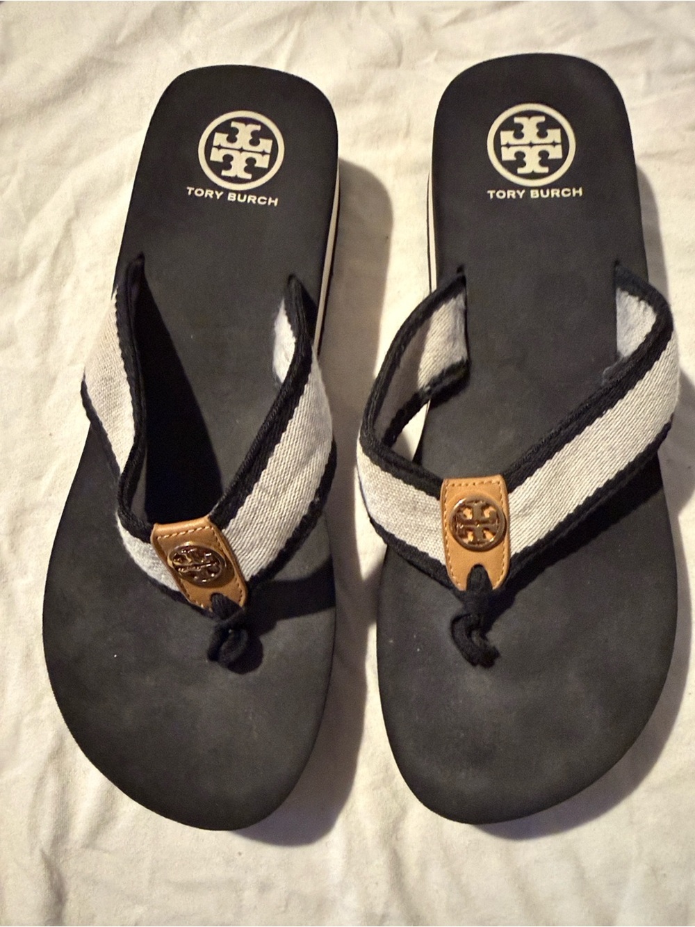 Tory Burch Black and cream Logo Flip Flop Sandals with Tan Accent and gold TB em